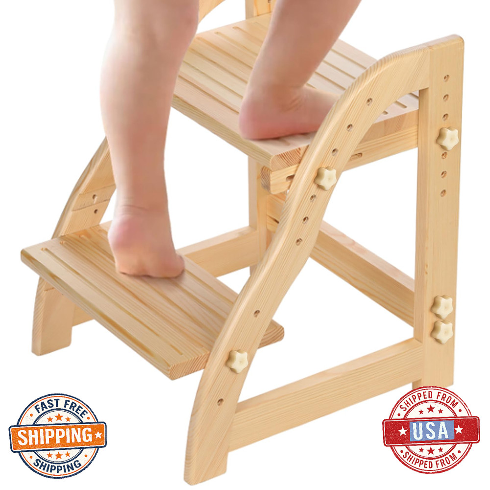 AIMOADO Wooden Two Step Stool for Kids - Adjustable Height, Pine Wood