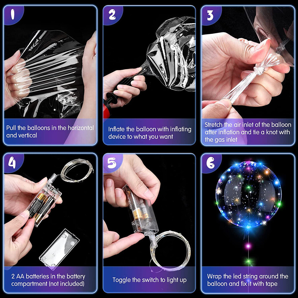 50 Pack LED Light Up BoBo Balloons 20" Party Birthday Transparent Bubble Balloon