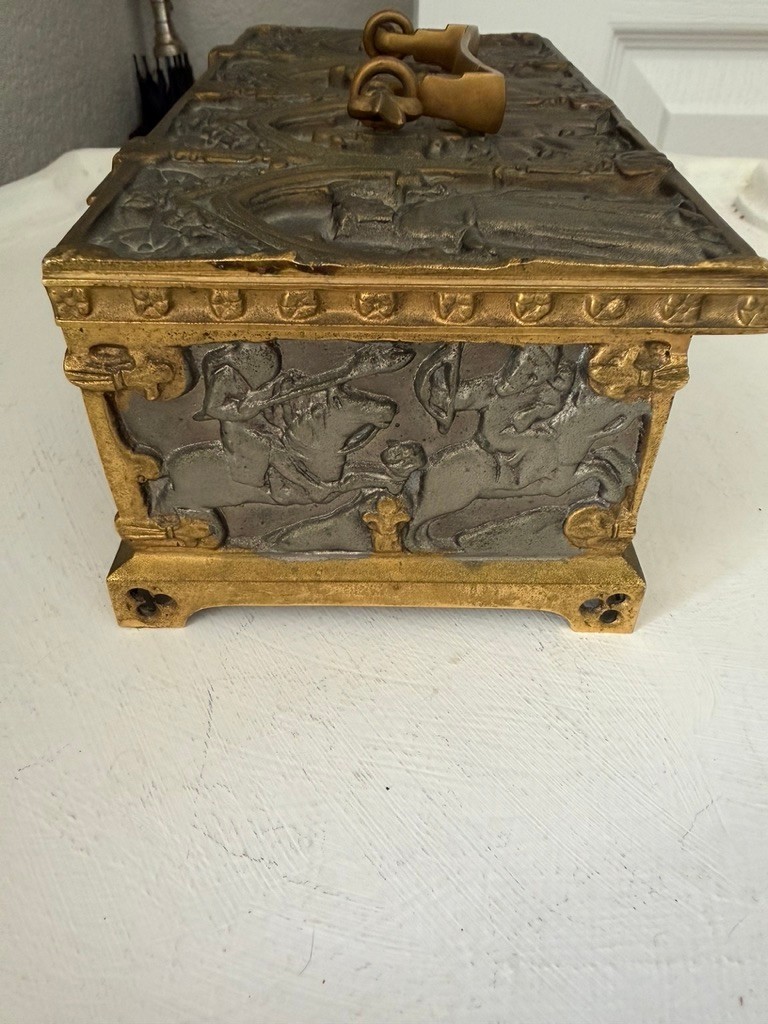 German Gothic Revival Silvered & Gilt Bronze Casket – Medieval Figural Relief –