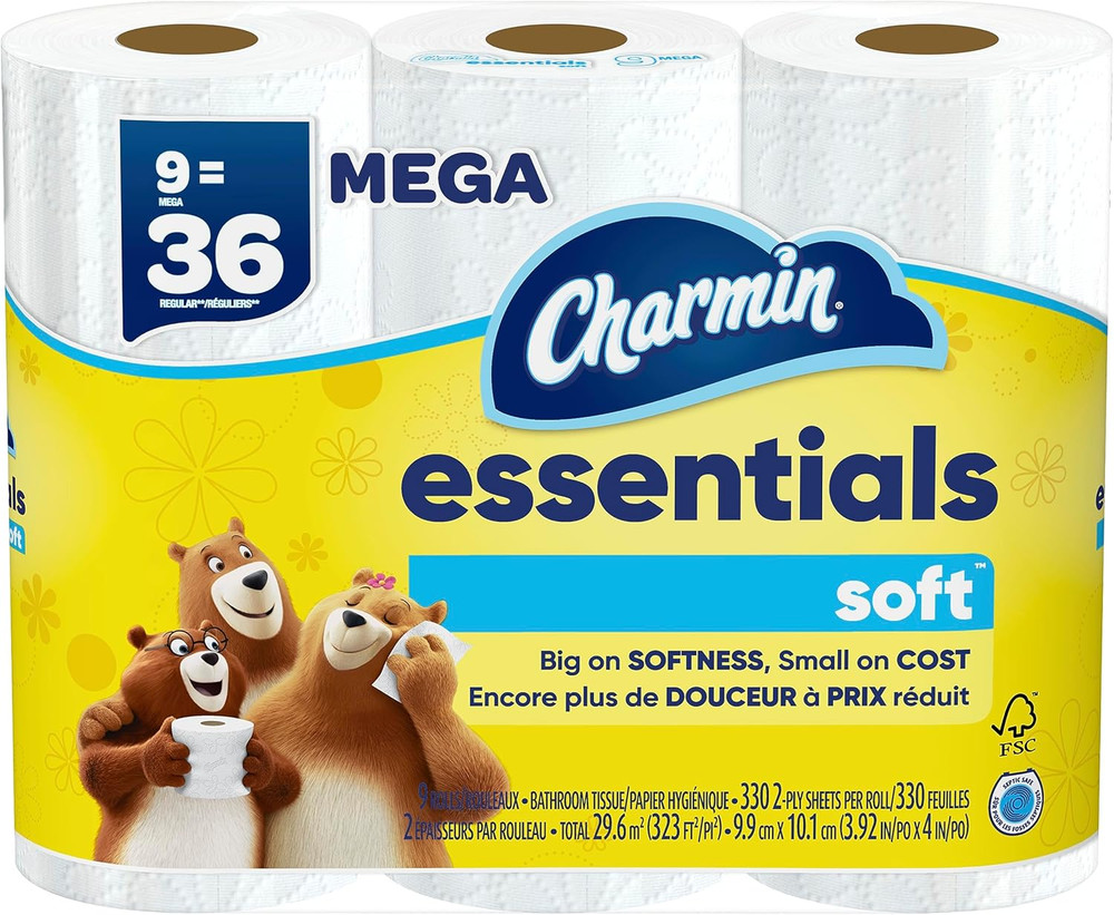 Essentials Soft Toilet Paper, 9 Mega Rolls = 36 Regular Rolls