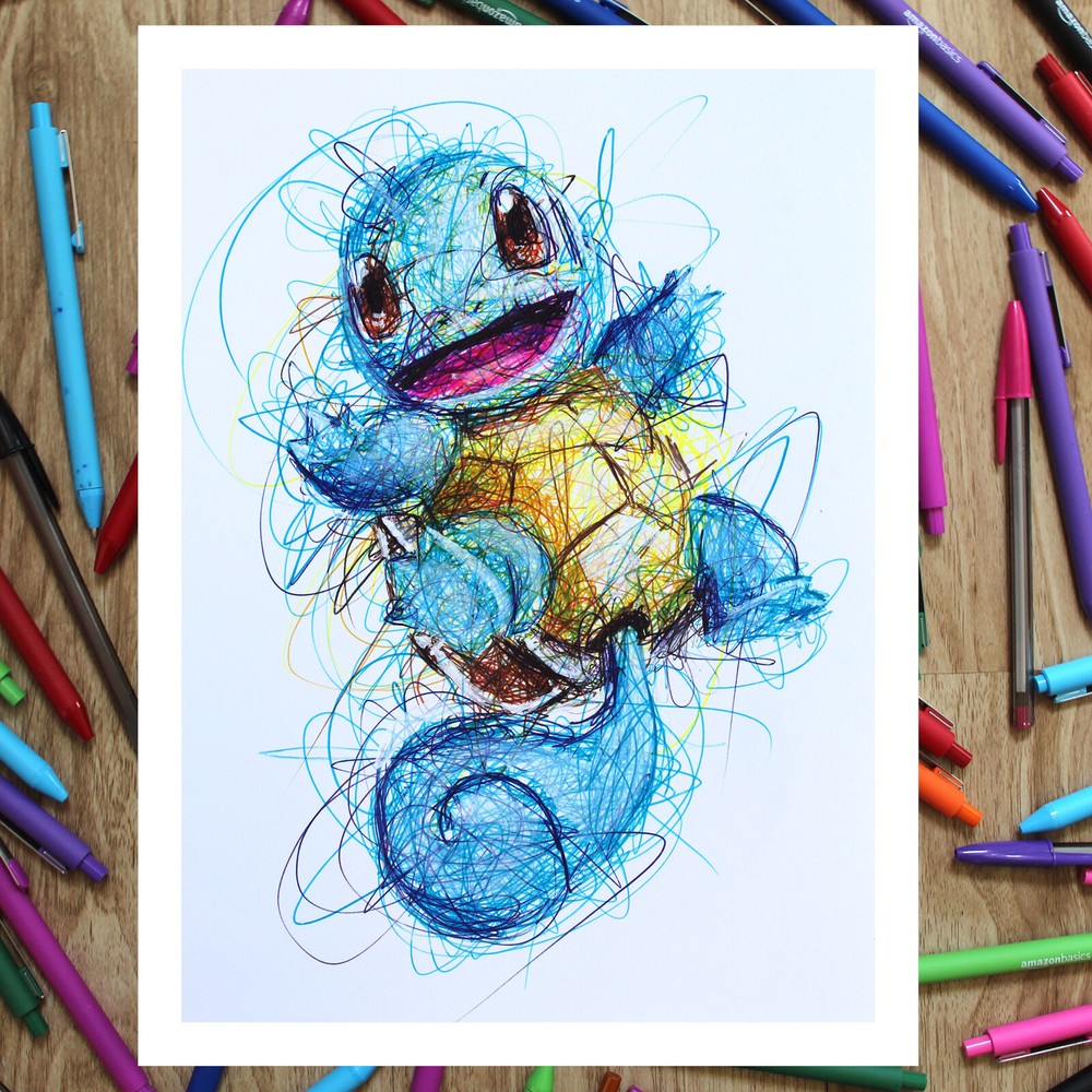 Squirtle Ballpoint Pen Print, Pokemon Art Poster