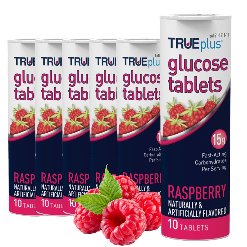 TRUEplus Glucose Tablets, Raspberry, 6x 10ct Tubes - Fast Acting