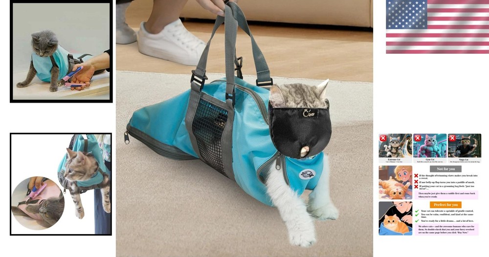 Durable Cat Grooming Bag M-Blue, Includes Muzzle, No Scratch, Bite Prevention