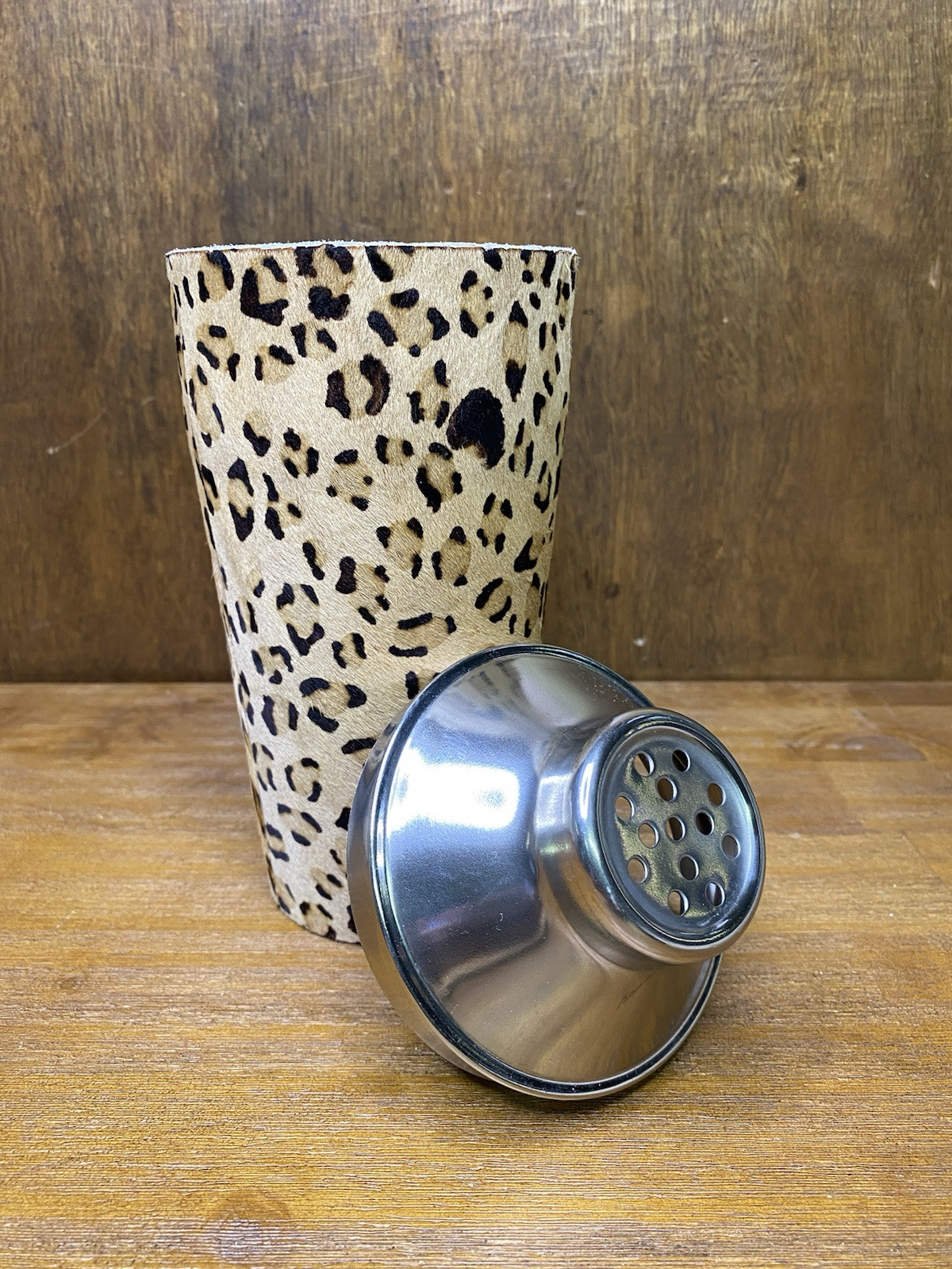 Cynthia Rowley Cocktail Shaker Leopard Print Pony Hair Bar Accessories