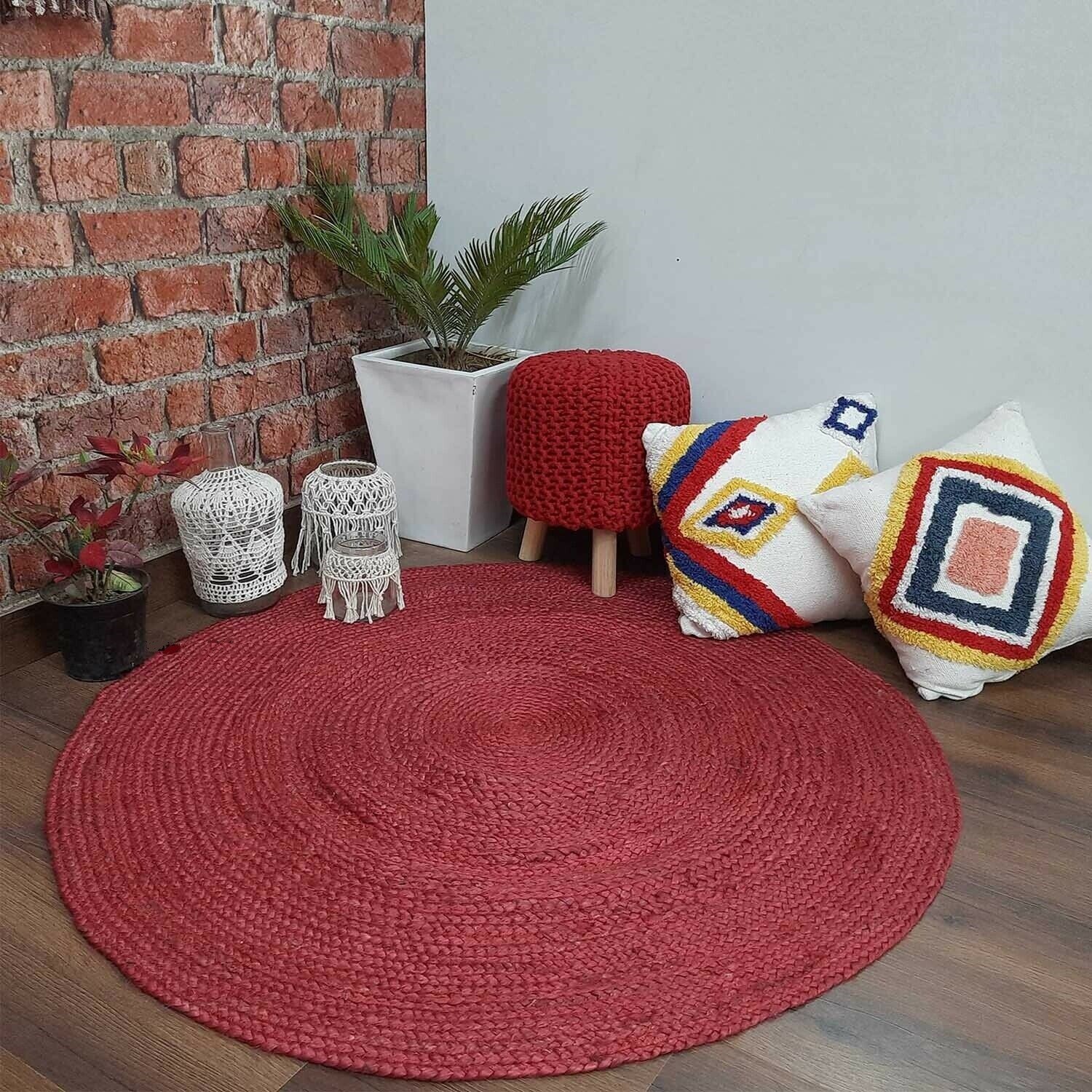 Red Round Rug Jute Reversible 100% Natural Braided Home Decor Rustic Look Rug