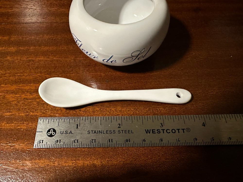 Fleur de Sel Ceramic Salt Cellar w Spoon White Blue Script