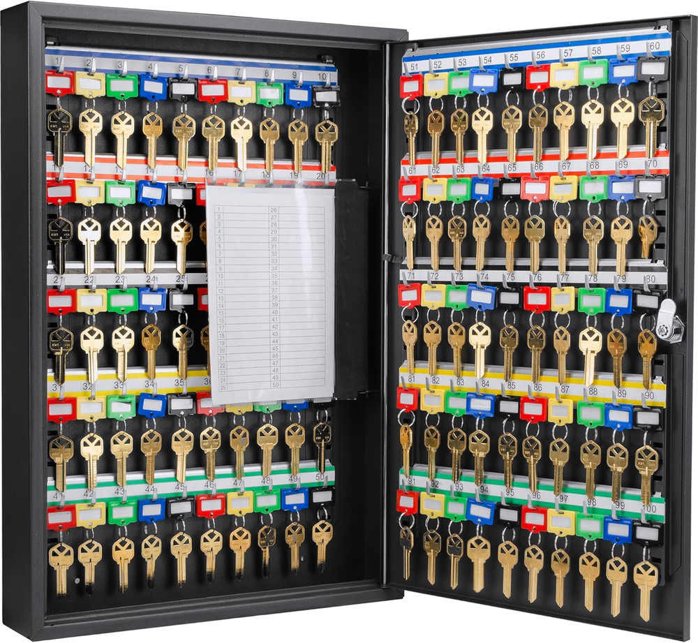 100-Position Key Lock Box – Solid Steel Key Cabinet with Adjustable Numbered Hoo