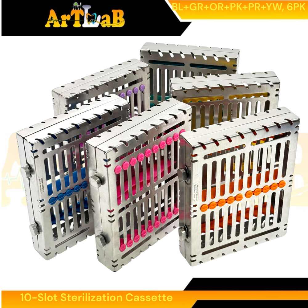 6 Count - Sterilization Cassettes for 10 Instruments, Detachable, 2-Button Lock