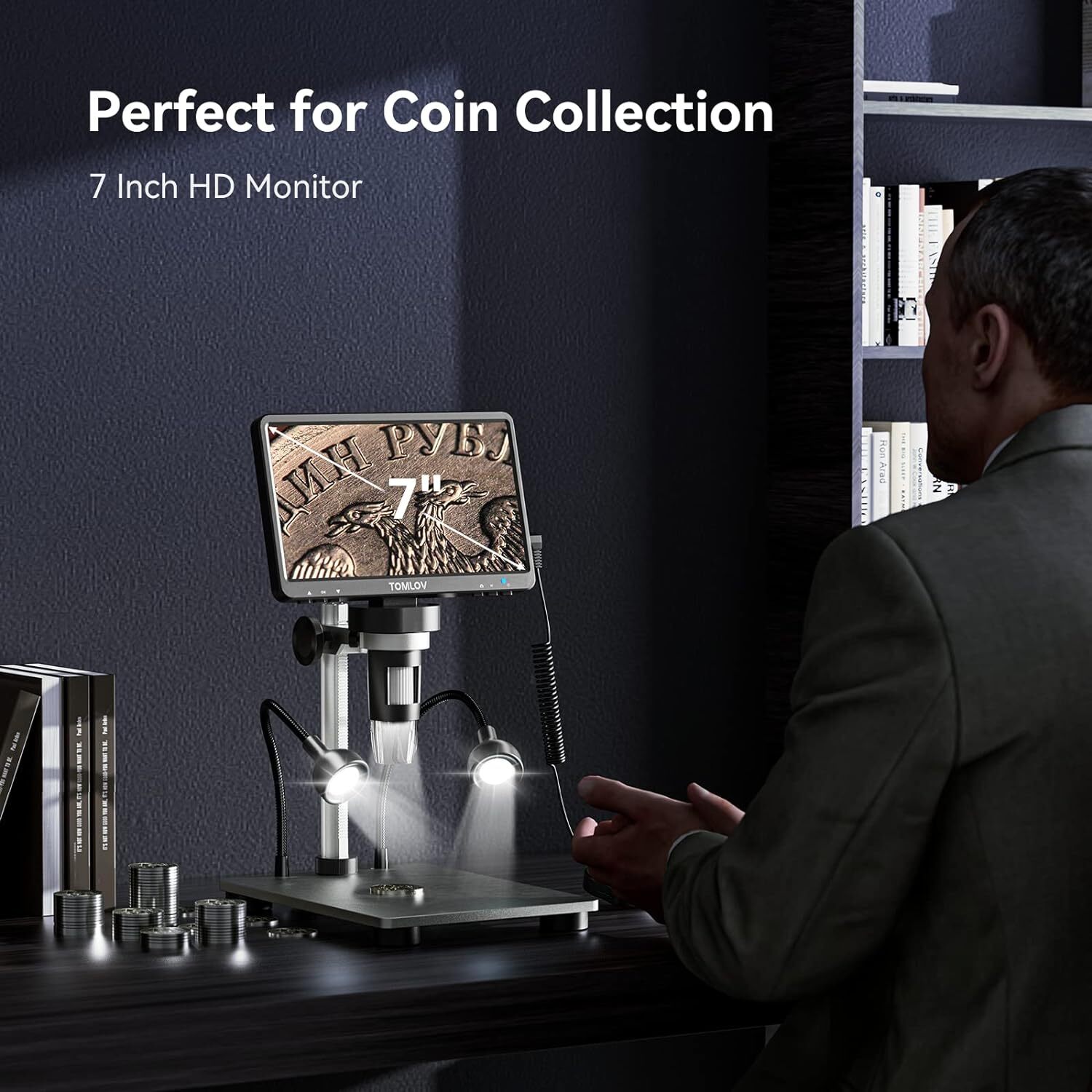 TOMLOV DM9 Digital Microscope 7" LCD 1200X Coin Microscope & Flexible Arm Stand