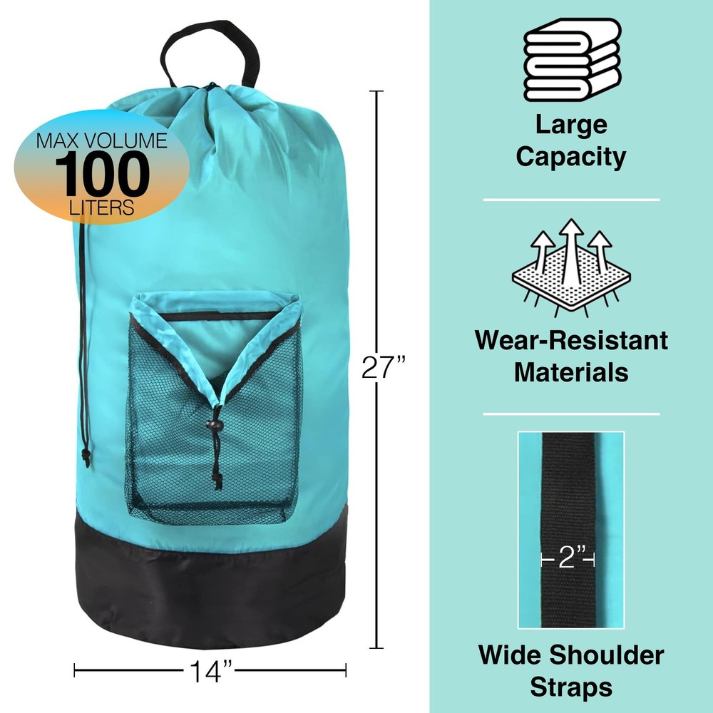 Turquoise Laundry Backpack with Mesh Pocket, Adjustable Straps and Drawstring...