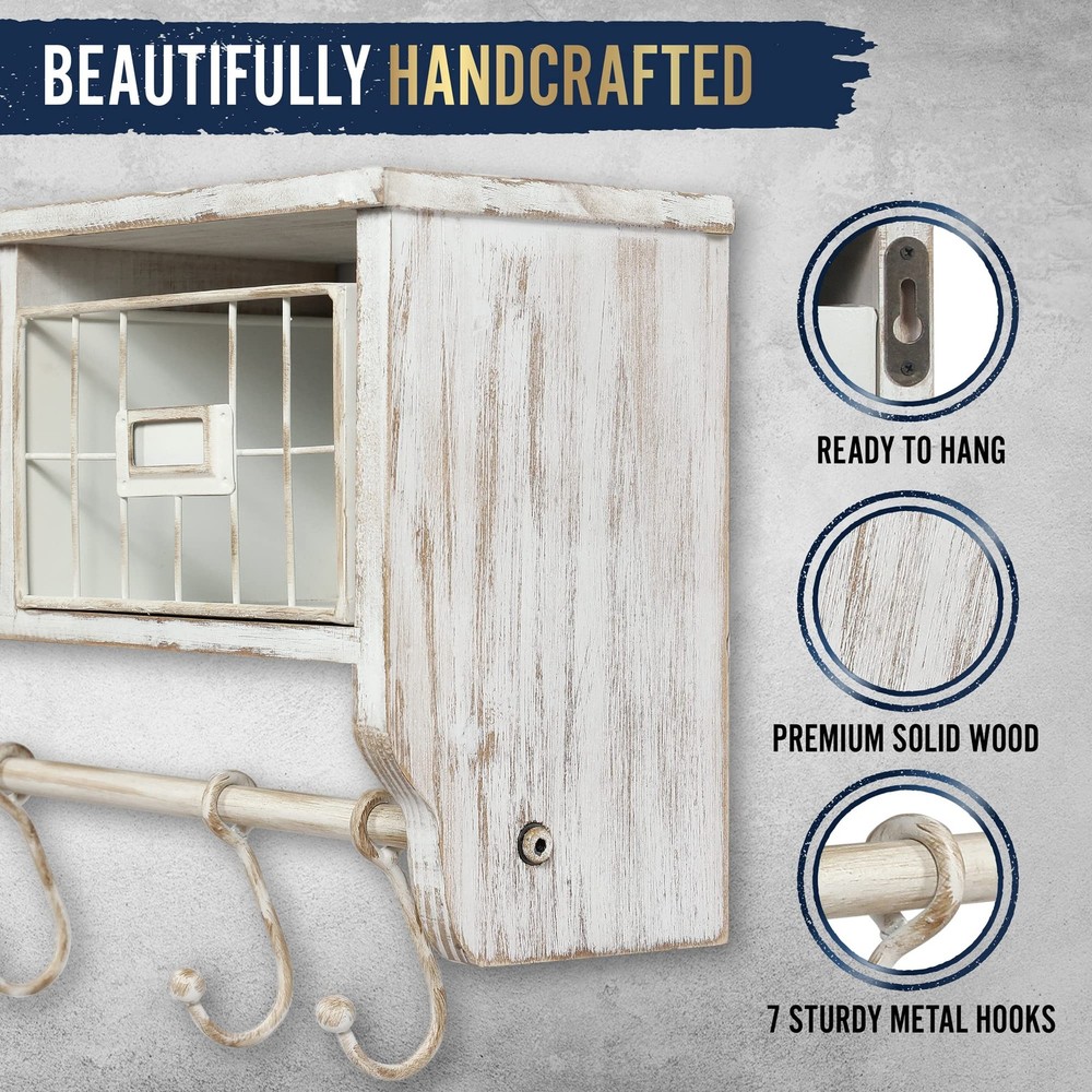 Rustic Whitewashed Solid Wood Entryway Wall Shelf 24" Coat Hooks Baskets