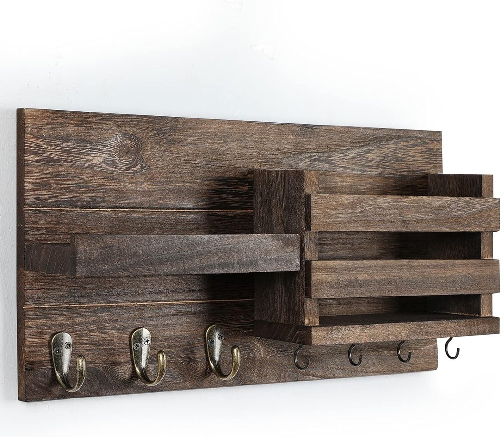 Rustic Wall-Mounted Mail Organizer & Key Holder with 7 Hooks – Easy Install
