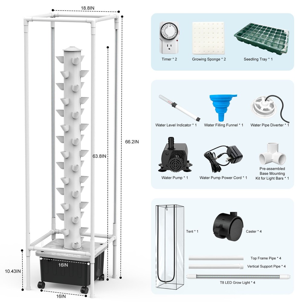 Vertical Hydroponic Growing System Tower with 4FT Grow Lights 45 Pods Pump Timer