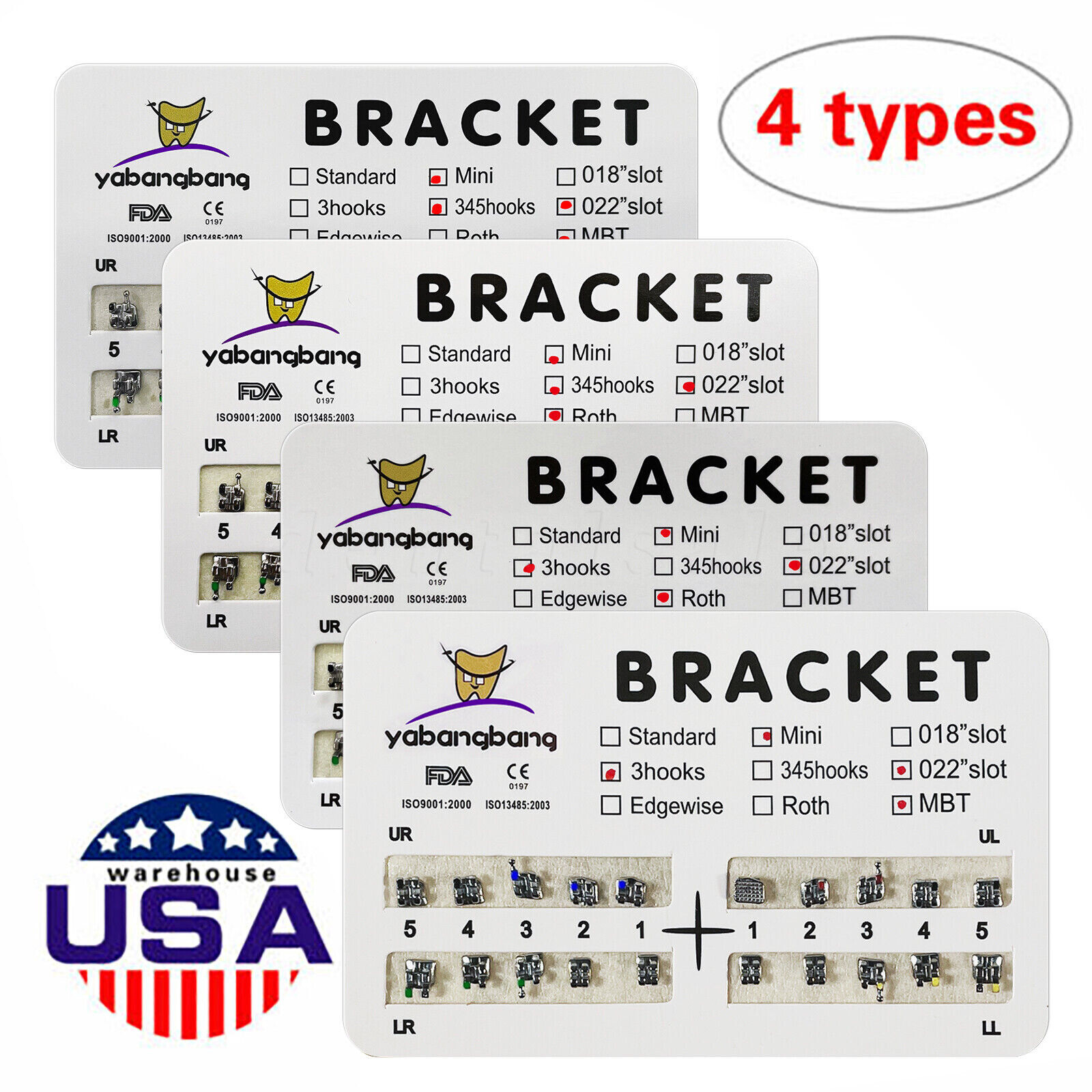 200pcs Dental Orthodontic Bracket Braces Roth/MBT 022" Slot 3/345 hooks Metal US