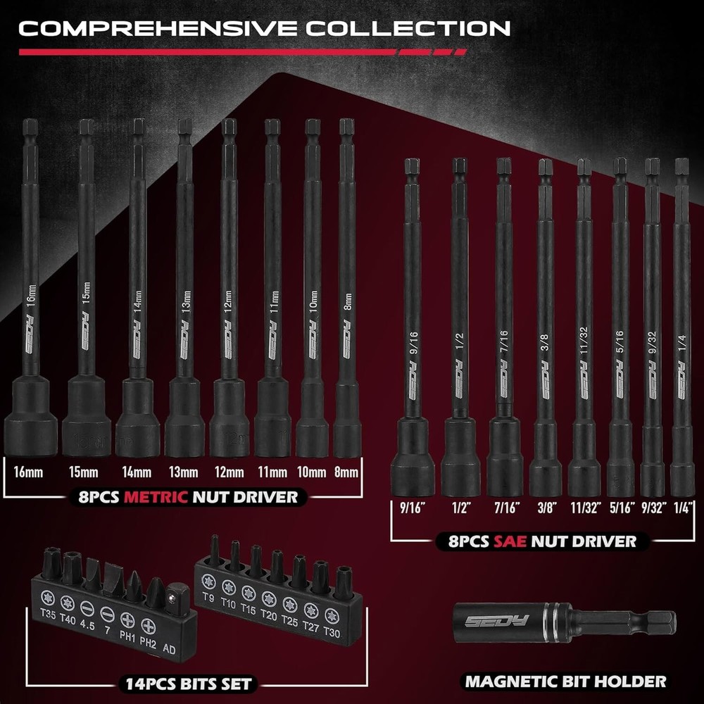 Nut Driver Impact Bit Set - 31-Piece Magnetic Socket Impact Drill Bit Tool Sets