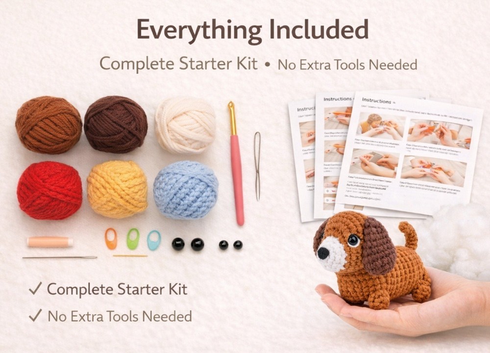 Beginner Crochet Kit 2 Dachshund Dog DIY Set with Step-by-Step Video Tutorial