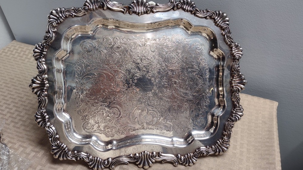 Vintage F. B. Rogers Silver Co, Silver on Copper, Footed Serving Tray, 6720, 14"