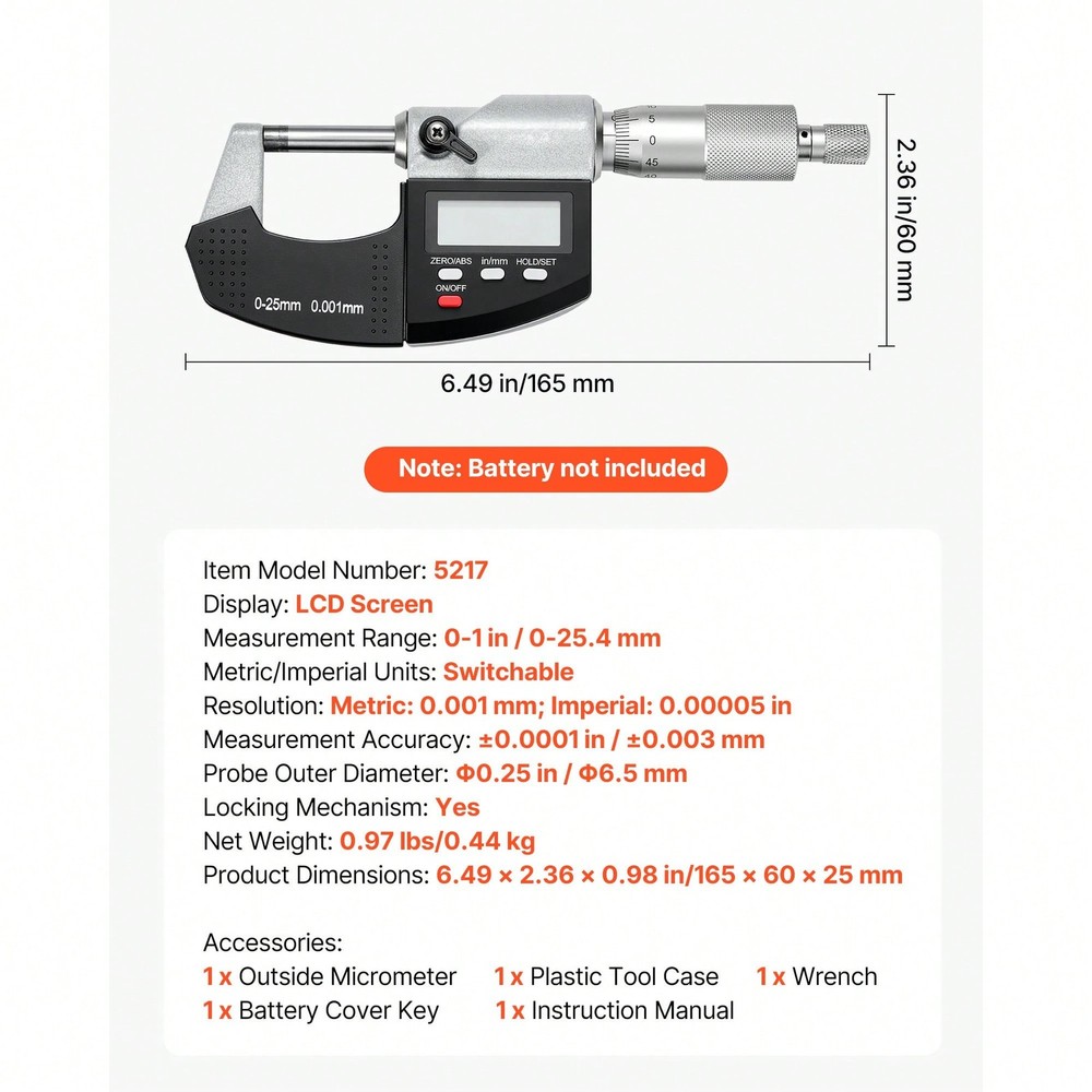 Micrometer Set, Digital Outside LCD Screen, In/Mm Switch, Carbide Tip