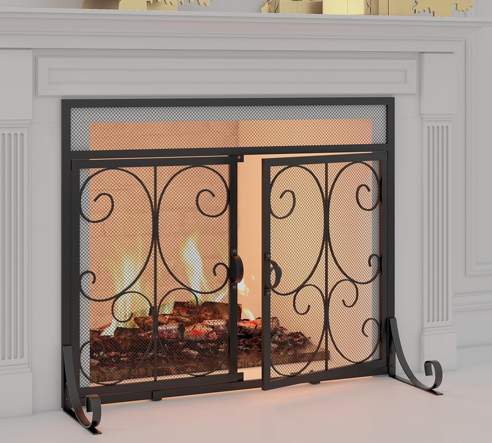 Large Flat Fireplace Screen with Doors, Wrought Iron Frame with Metal Mesh, Flat