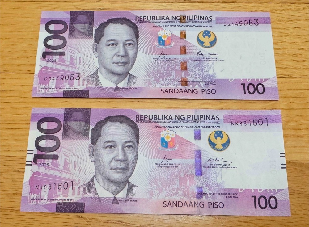 2 x Philippines 100 piso notes, dated 2023 and 2025 in crisp uncirculated