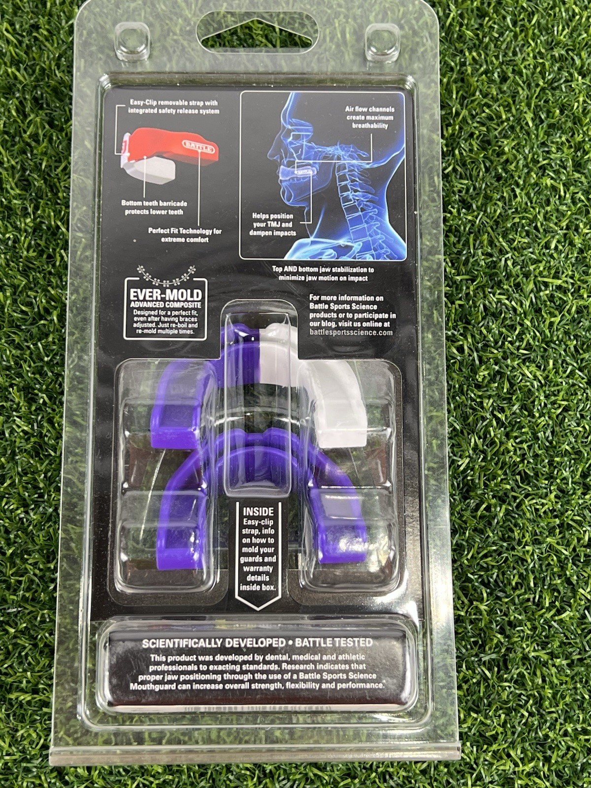 Battle Mouthguard Youth 9U Ever Mold Composite 2 Pack Easy Clip Straps Purple