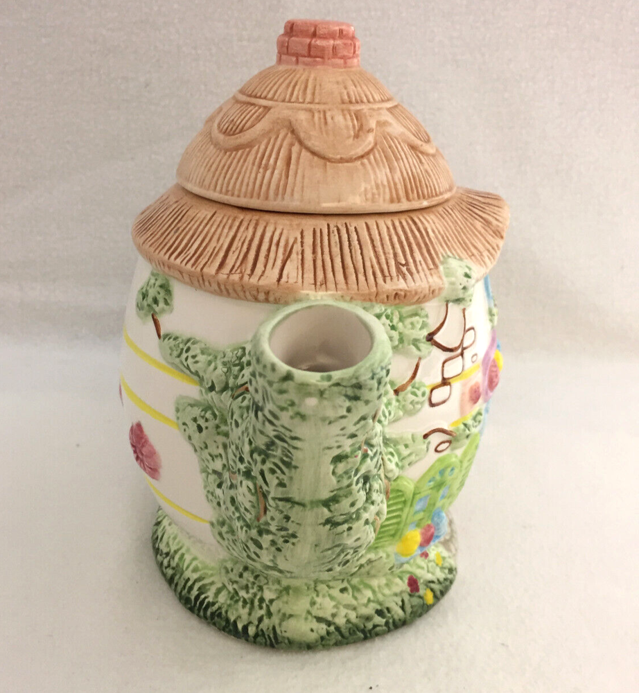 Tea Pot Easter Bunny Eggs Tree House Ceramic Bright Pastels Decorative Use Only