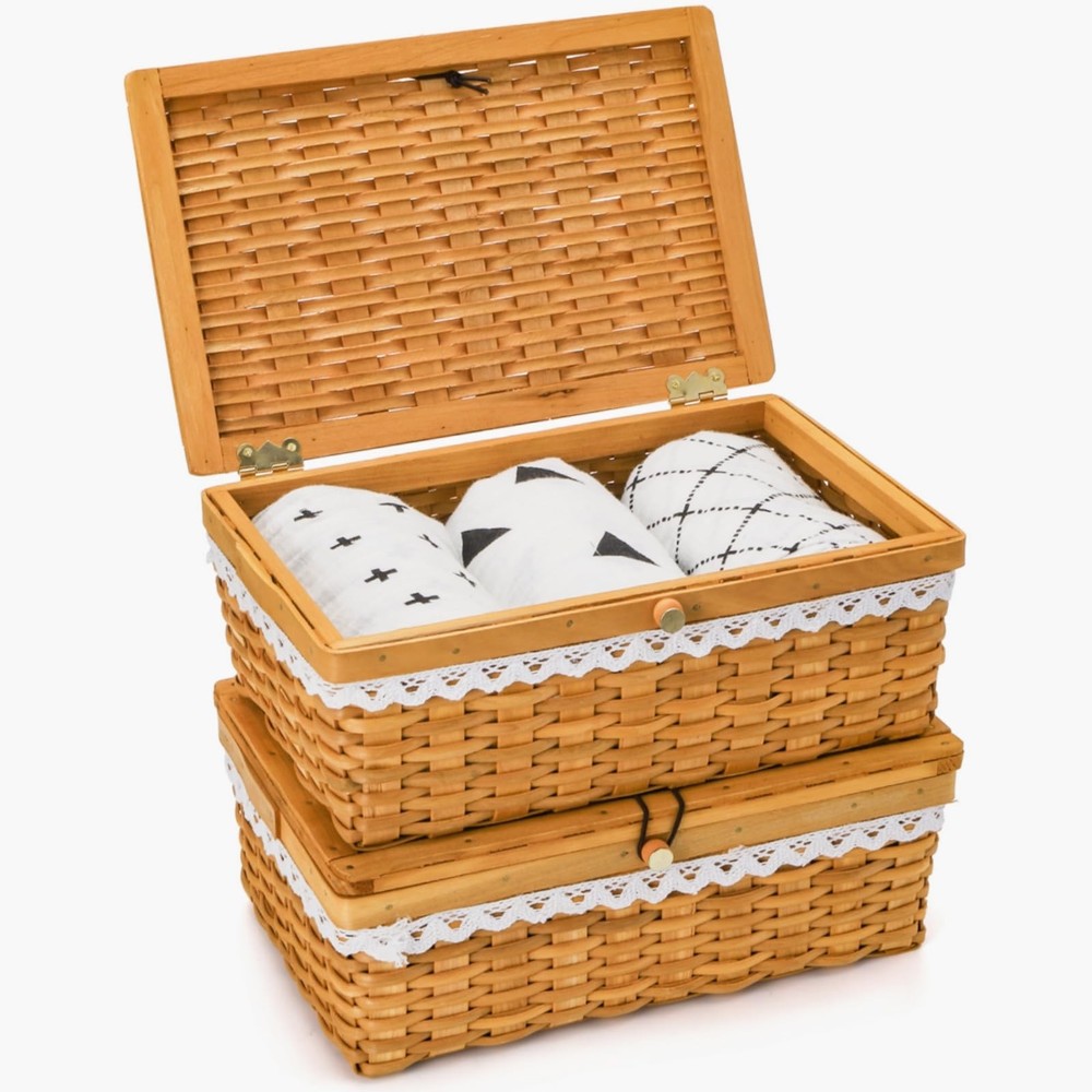 2 Pack Storage Basket with Lid, Handwoven Rectangular Storage Organizer for S...