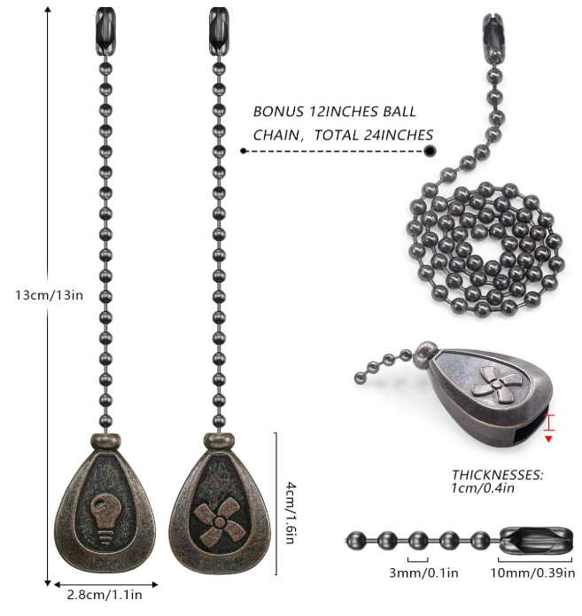 Bronze Ceiling Fan Pull Chain Set – 12" Beaded Extender with Connector (2-Pack)