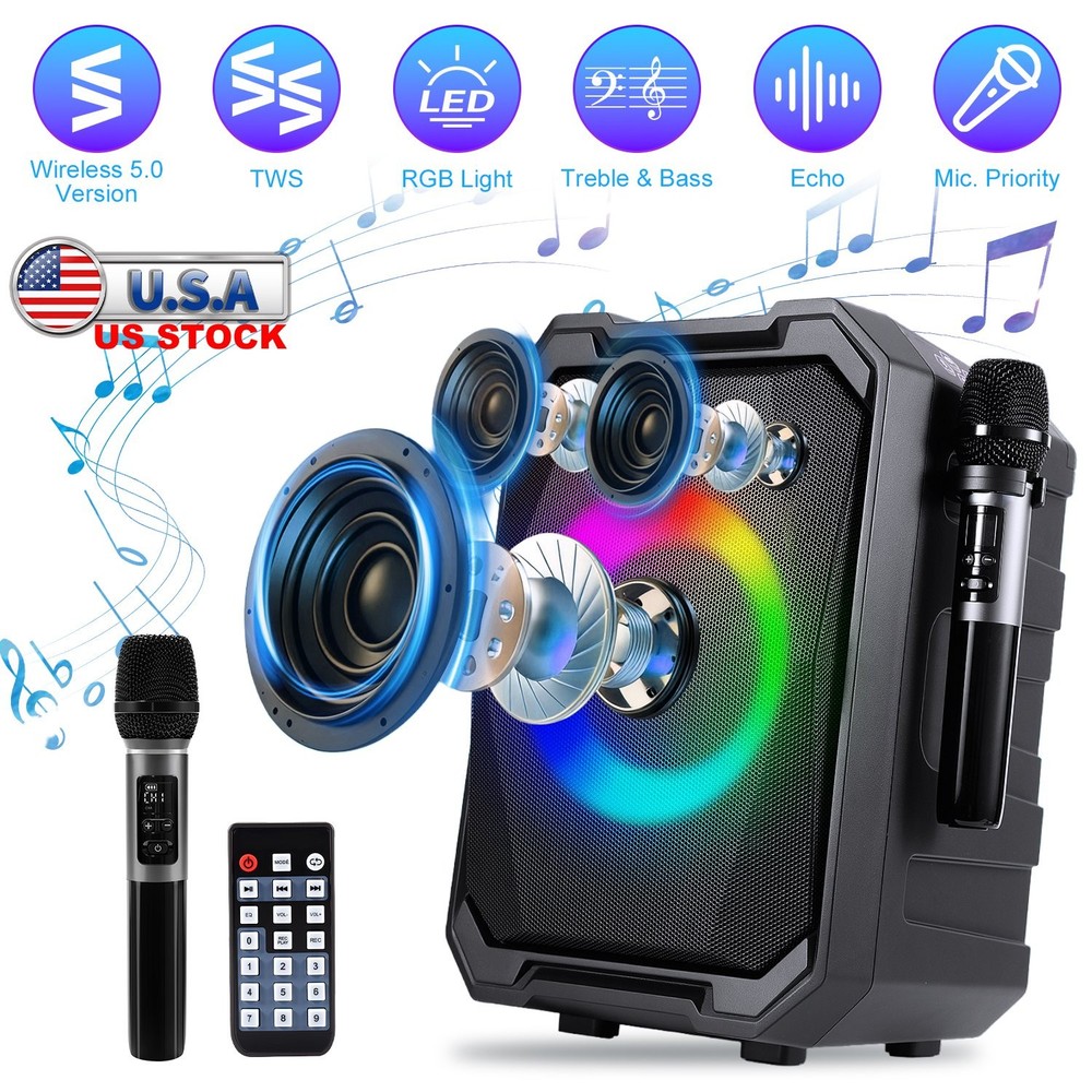 Portable Wireless Party Speaker W/ LED Light &2 Wireless Mics Remote Control