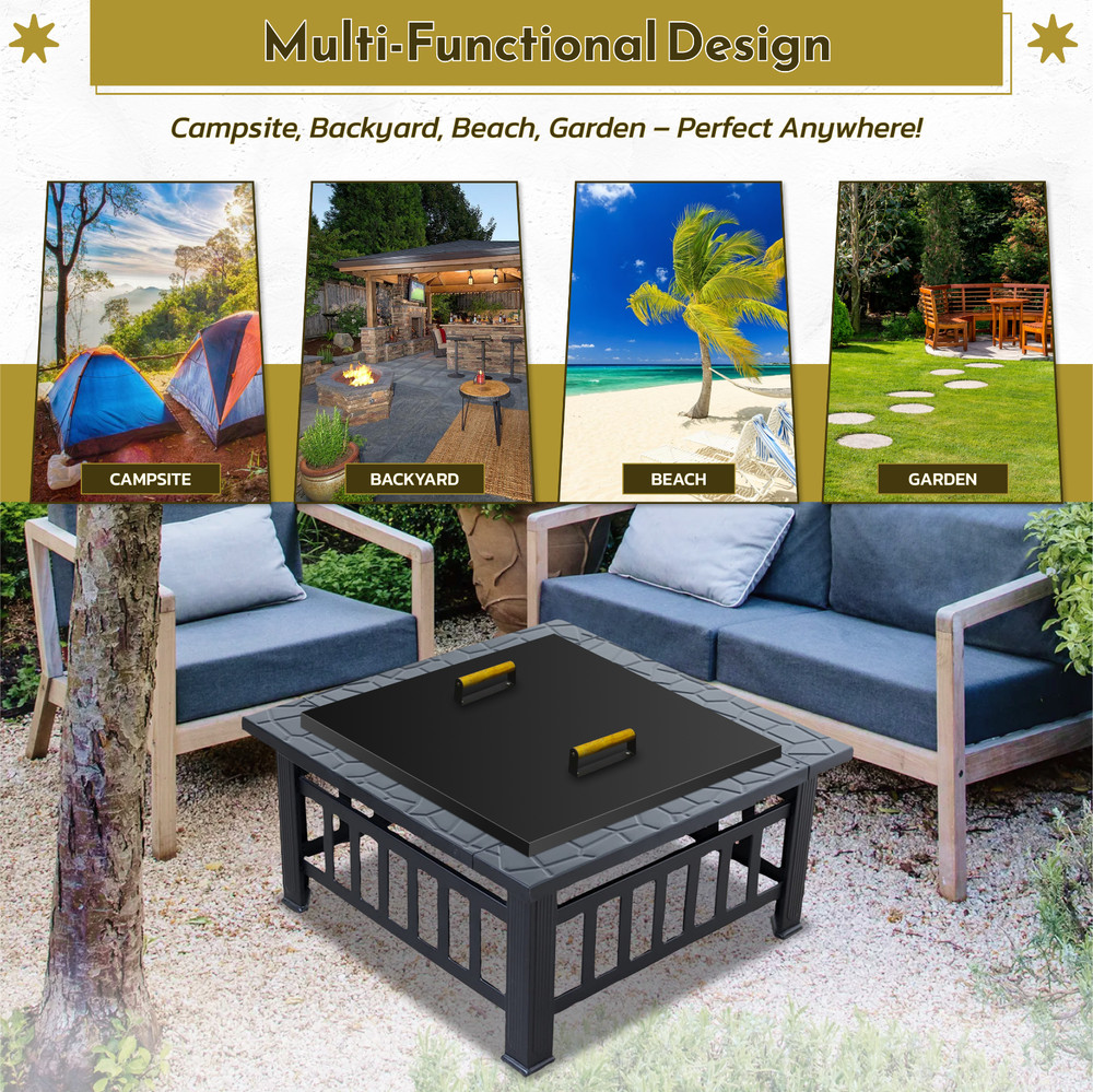 FEBTECH 30" Square Fire Pit Snuffer Lid for 28" FirePit with Wooden Handles