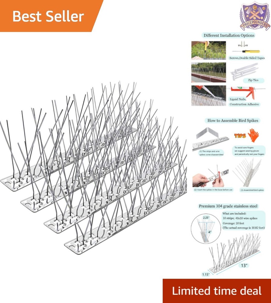 Stainless Steel Bird Spikes - Simple Assembly, 10 Strips with 10.82ft Coverage