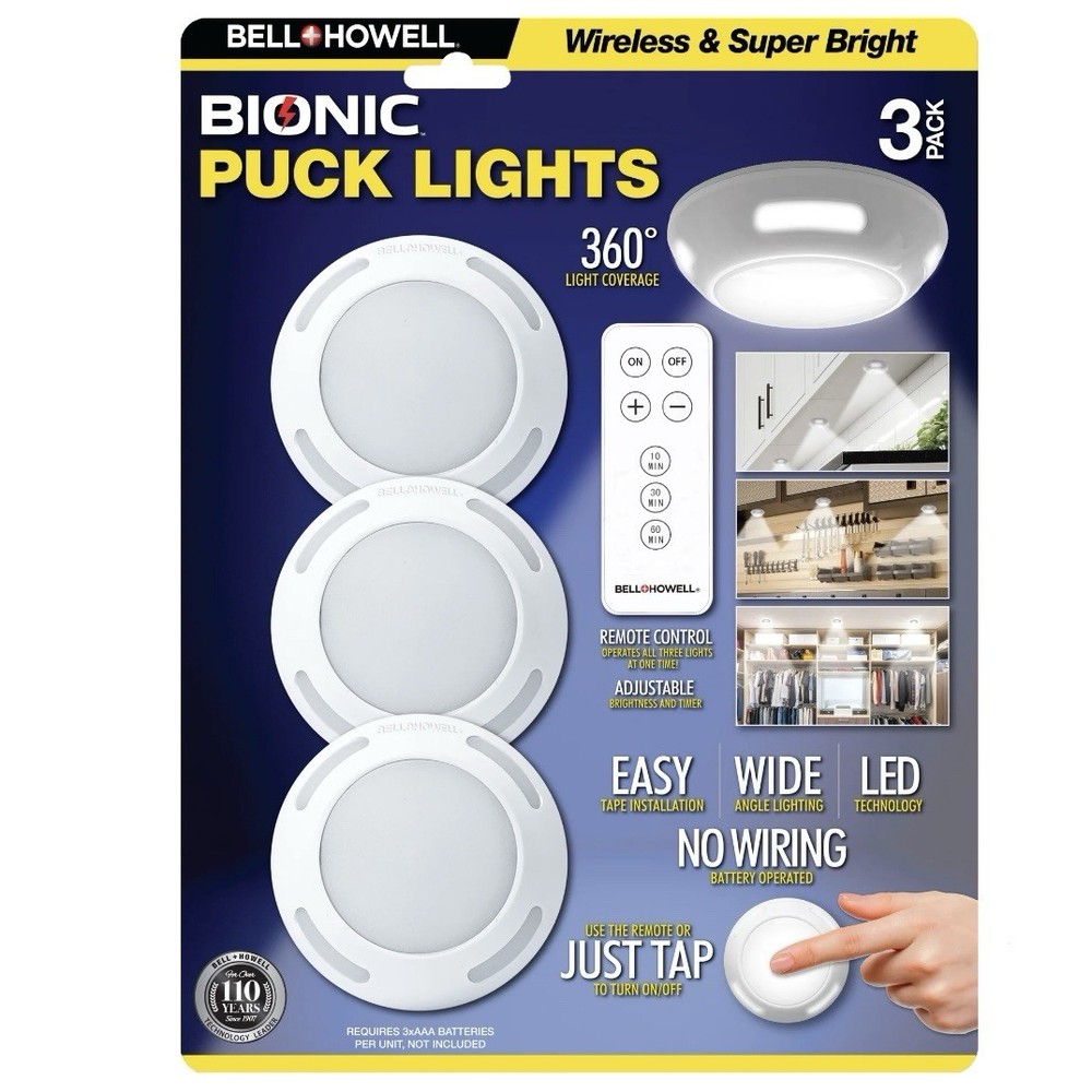Bell And Howell Bionic Puck Lights 3 Pack LED W Remote Control wireless timer