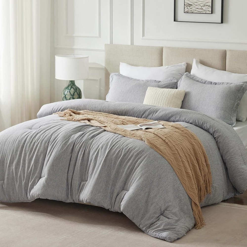 King Size Comforter Set 3 Pieces Light Grey Soft Luxury Cationic Dyeing Bedding