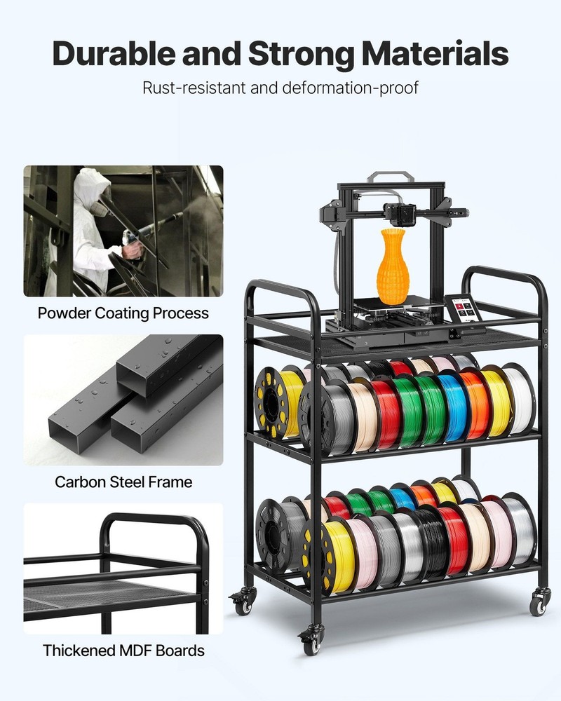 Ergonomic 3-Level Filament Rack 280lb Load Space Saving Rollable