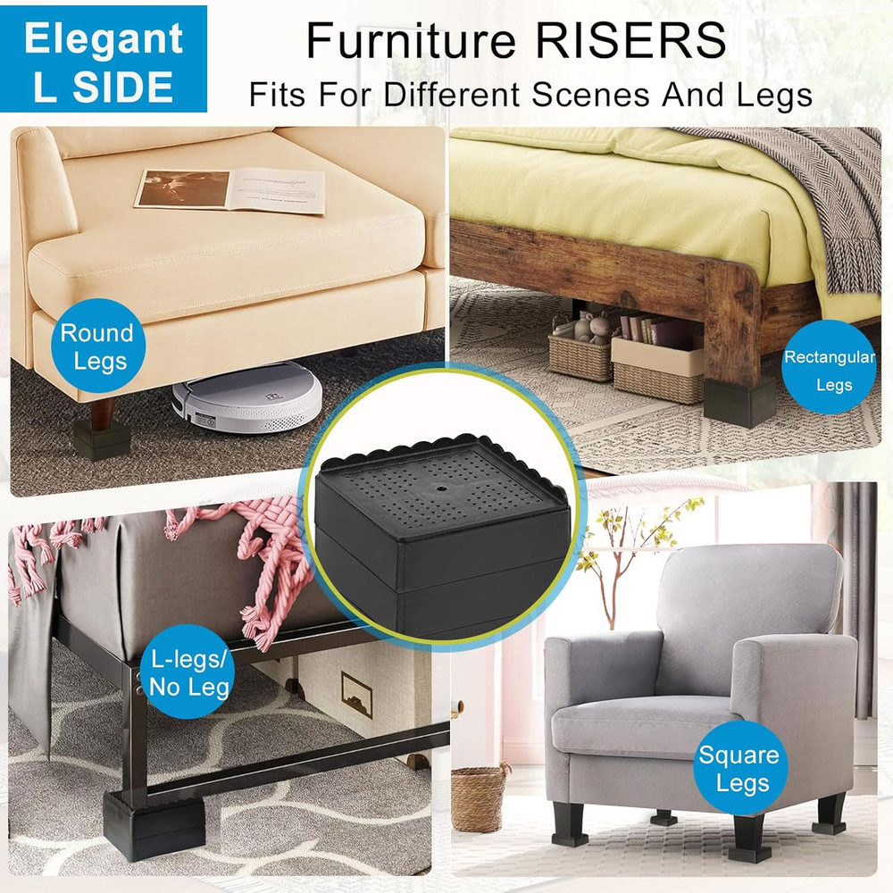 4 Pack Bed Risers 1" 2" 3" 4" Heavy Duty Adjustable Furniture Stackable Black