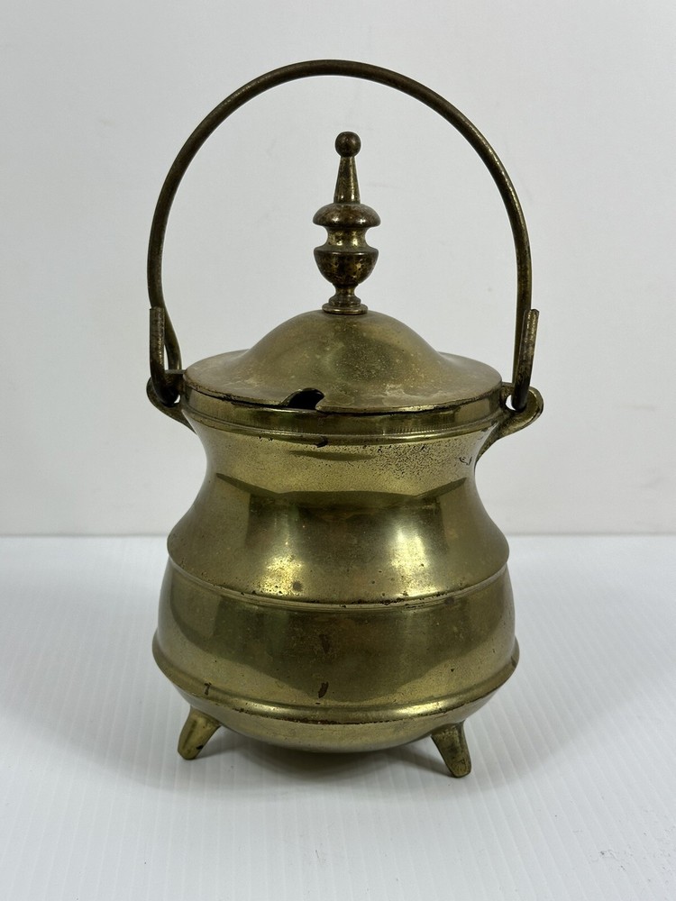 Vintage Solid Brass 3 Footed Fireplace Smudge Pot With Lid