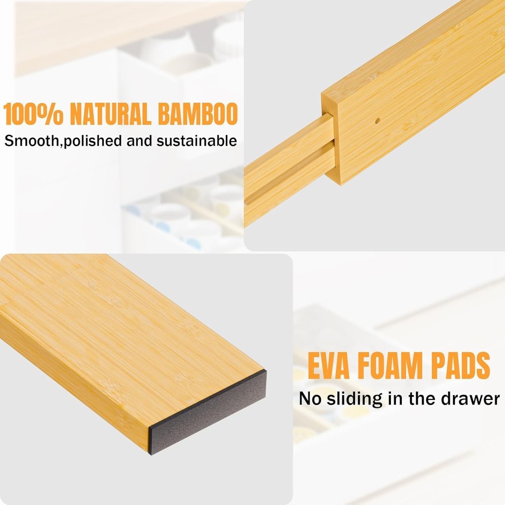 Expandable Bamboo Drawer Separators, Adjustable for Clothes & Utensils - 4 Pack