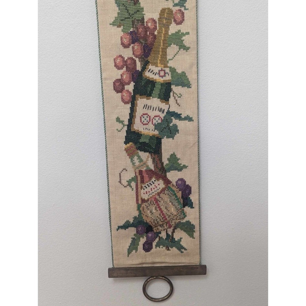 VTG Needlepoint Tapestry Brass Bell Pull with Satin Backing