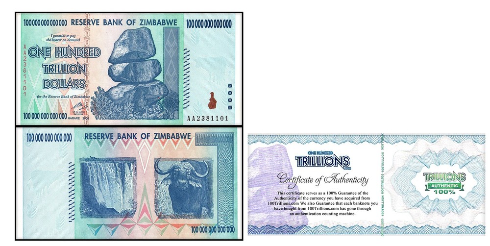 Zimbabwe 100 Trillion Banknote 1 Note AA/2008, UNC. COA .. special