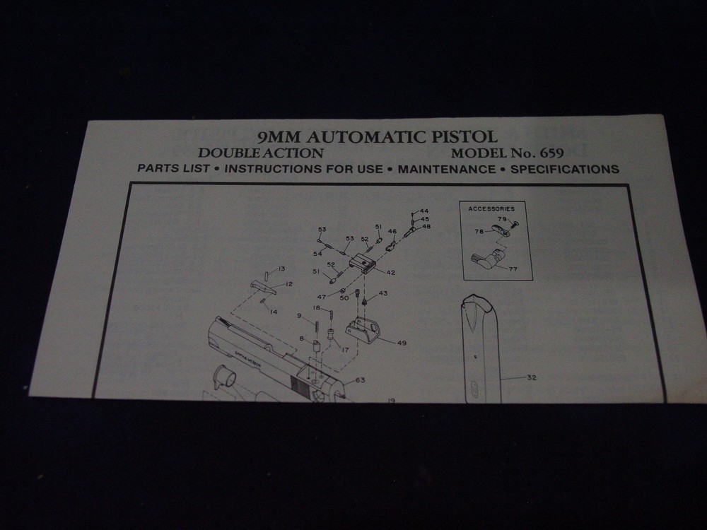 SMITH & WESSON MODEL 659 FACTORY ORIGINAL MANUAL