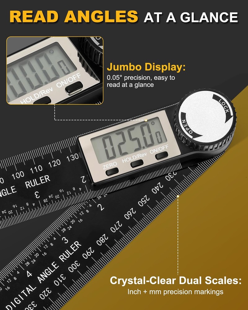 Protractor, Digital Angle Finder Protractor with LCD Display, 2-in-1 Black