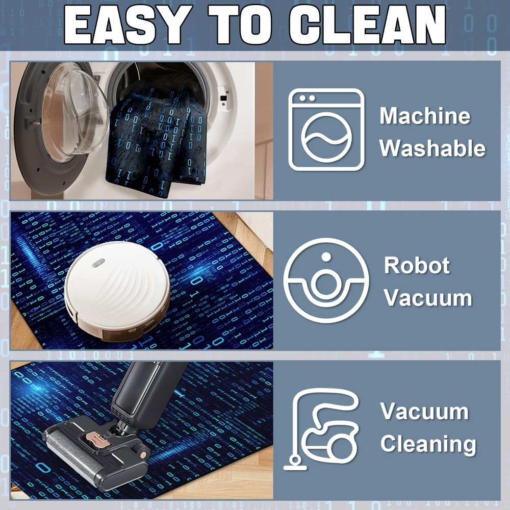 Washable Game Area Rug, Blue Binary Code Design Gaming Programmer Teen Carpet Ru