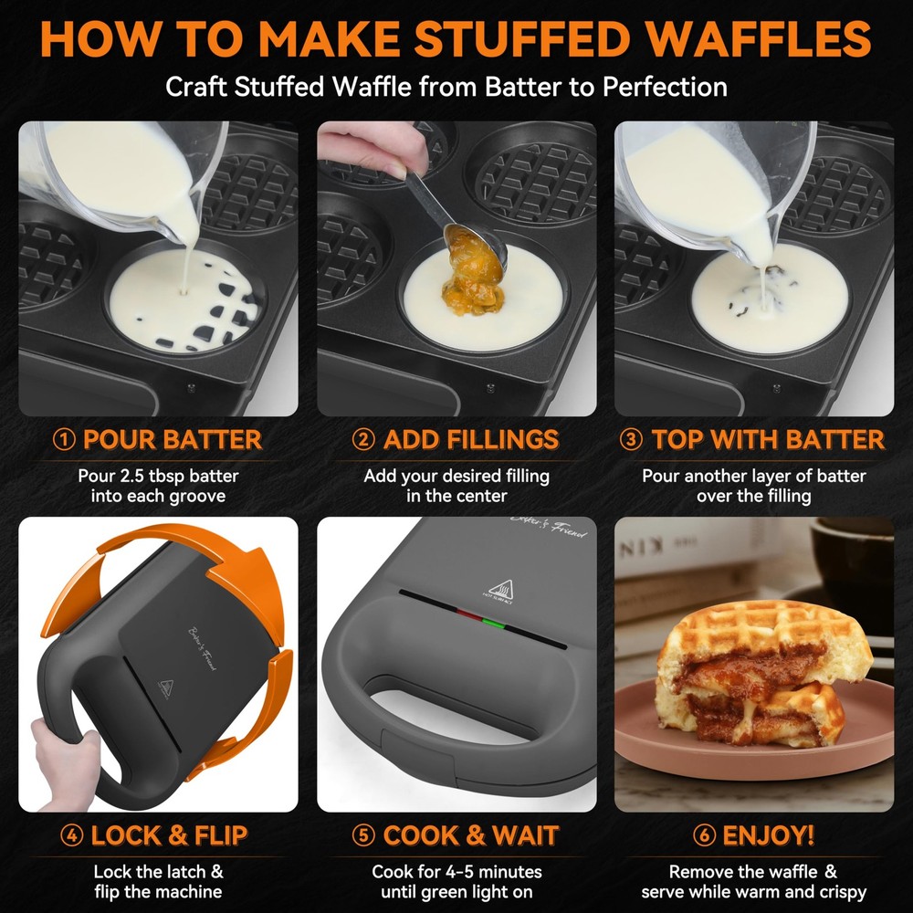 Multi Stuffed Waffle Maker Thick, 4-Slice with 1.2'' Thick & 4'' Dia, Belgian...