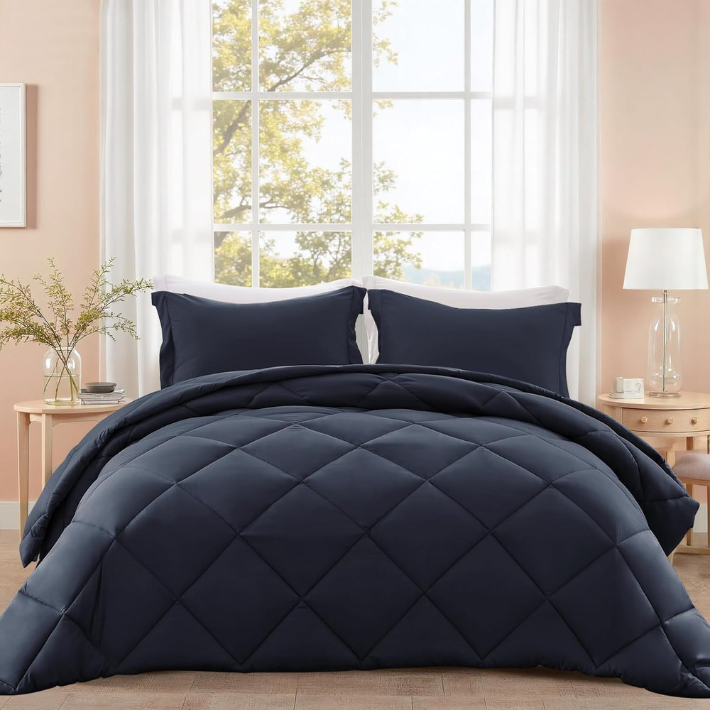 Queen Comforter Set Navy Blue, 3 Pieces Comforters Queen Size Solid Quilted Bedd