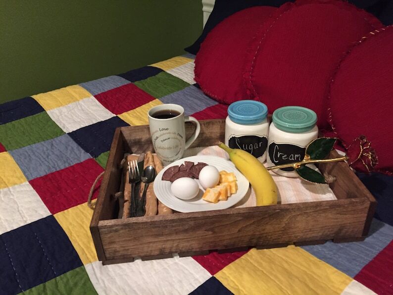 Wooden Serving Tray with Rope Handles – Rustic Medium Brown Stain
