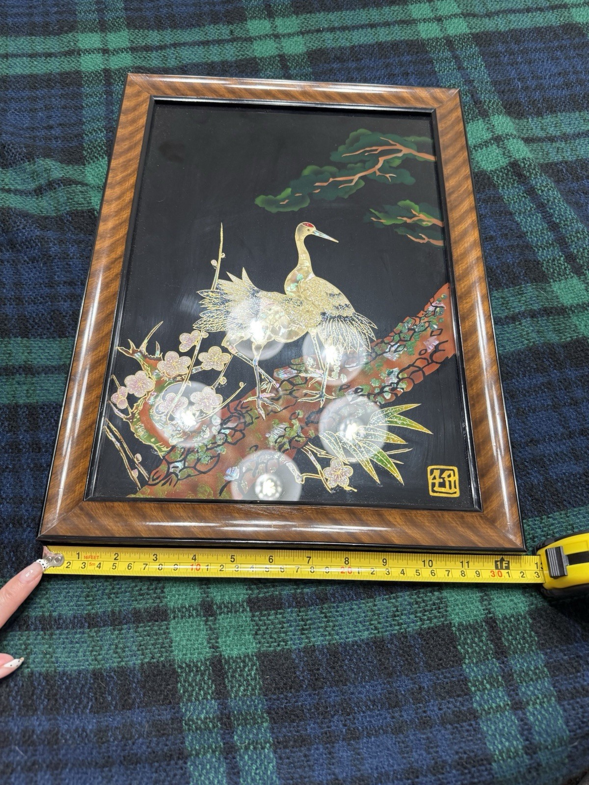 Japanese Framed Art with Cranes, Floral Motif, Mother of Pearl Inlay, Handmade