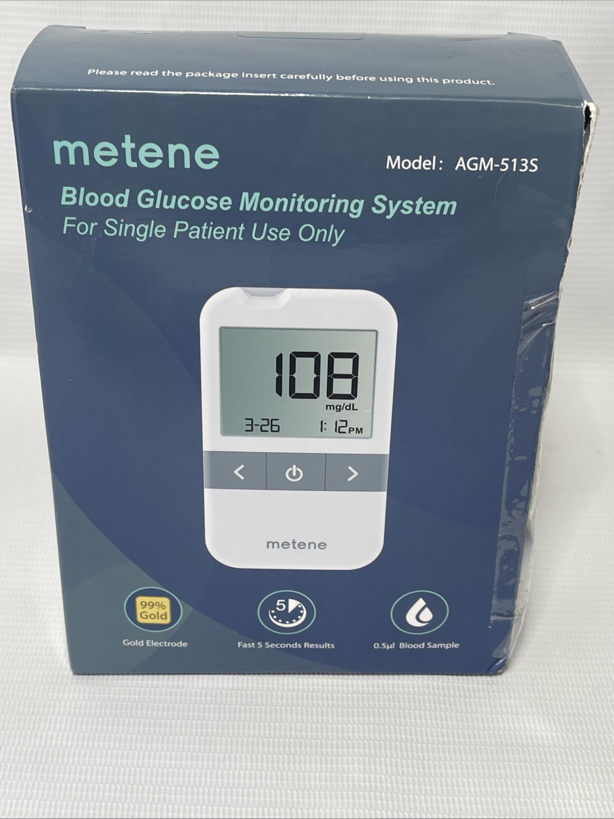 Metene AGM-513S Blood Glucose Monitor System Kit  Damaged Box Exp 05/2027 Strips