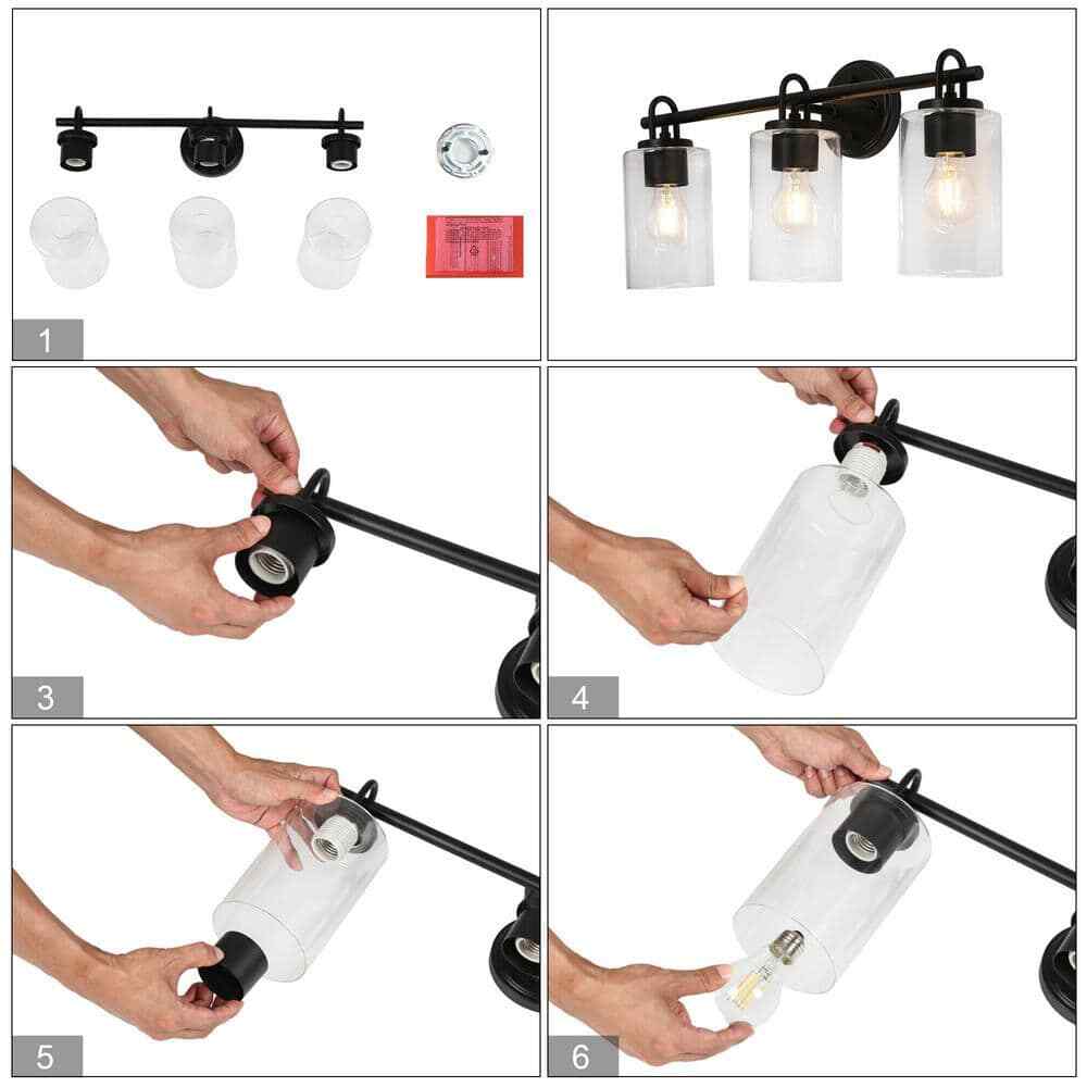 LNC Modern Black Bathroom Vanity Light with Cylinder Clear Glass Shades 22 in.