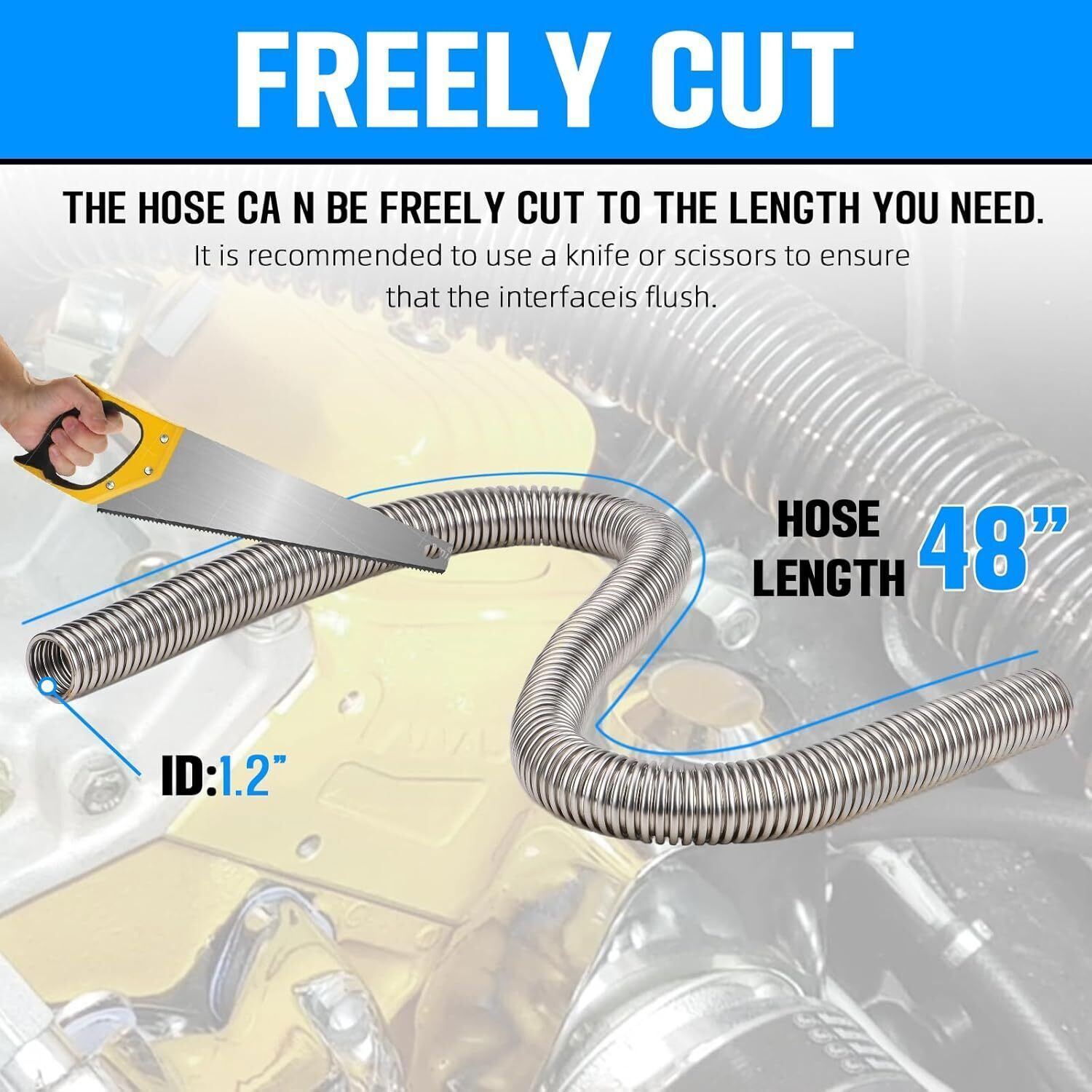 Universal 48" Stainless Steel Radiator Flexible Coolant Water Hose W/ Caps Kit