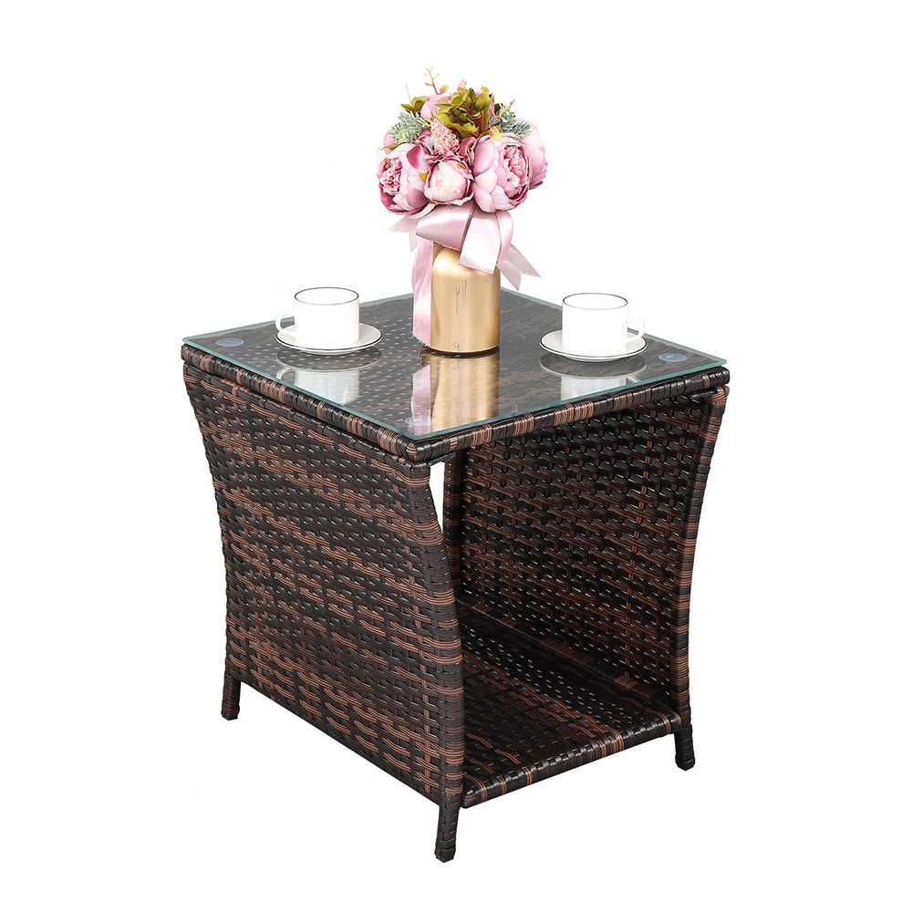 Glass Surface Brown Gradient Iron Frame Rattan Side Table,free ship